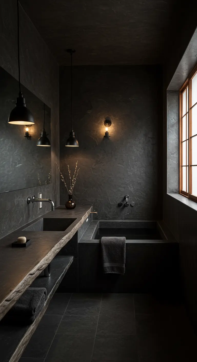 Donkergrijze badkamer met stenen wastafel, ingebouwd bad en minimalistische verlichting.
