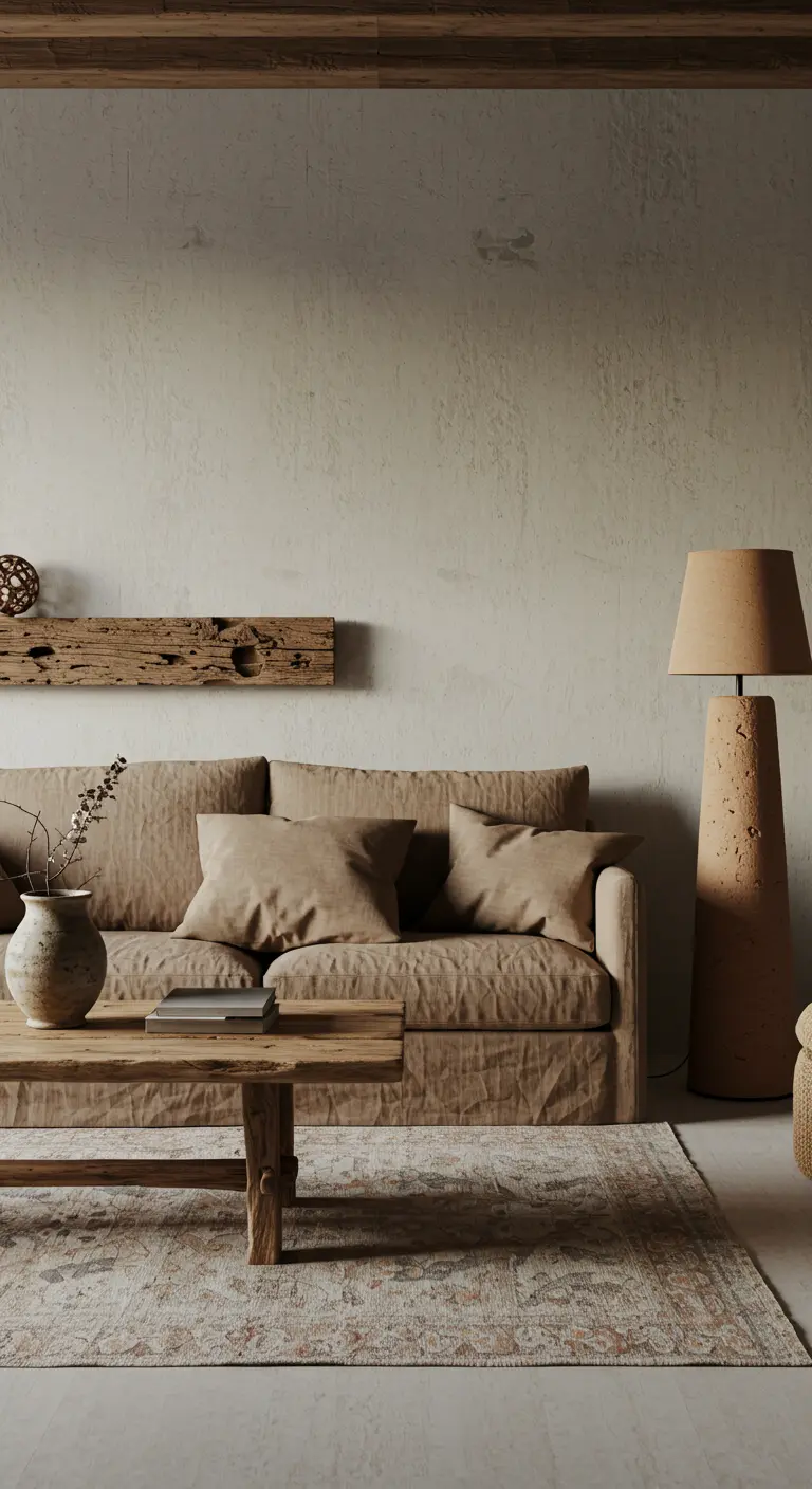 Wabi-sabi woonkamer met beige linnen bank, ruwe muurtextuur en houten elementen.