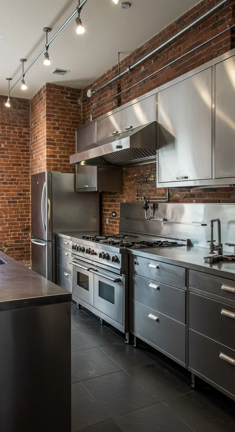 Industriële keuken met RVS kasten en apparatuur tegen een bakstenen muur.