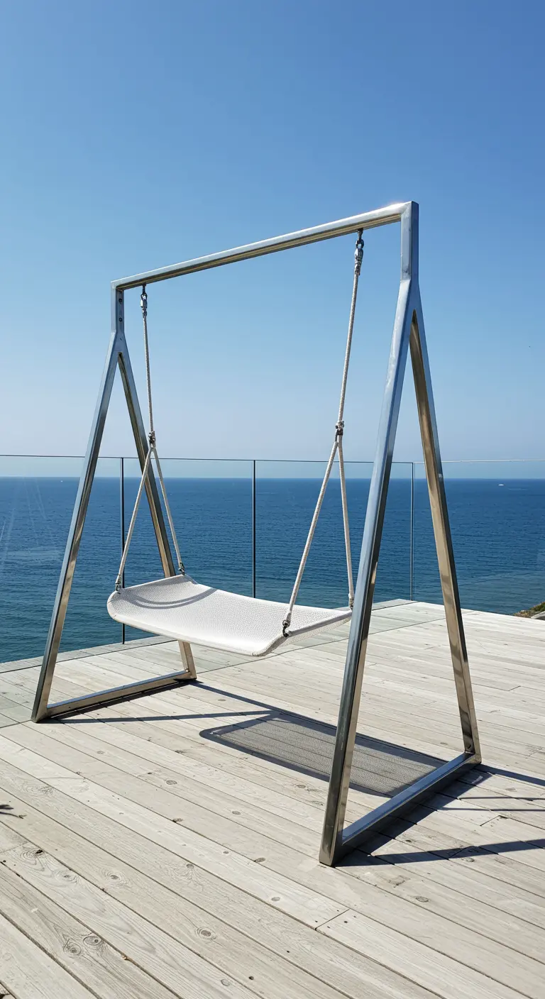 Zilverkleurige RVS schommelbank met geperforeerde zitting op een houten vlonder met uitzicht op zee.