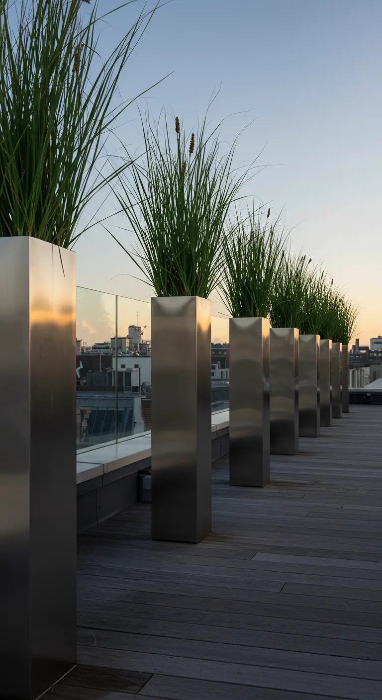 Rij van hoge, slanke RVS plantenbakken met siergrassen op een modern dakterras bij zonsondergang.