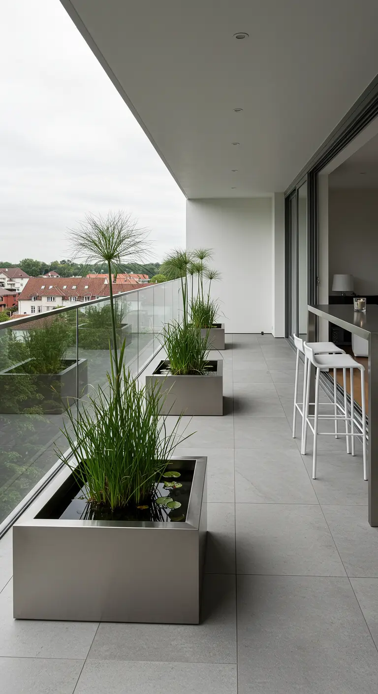 Drie rechthoekige RVS plantenbakken als mini-vijvers met waterplanten op een modern balkon.