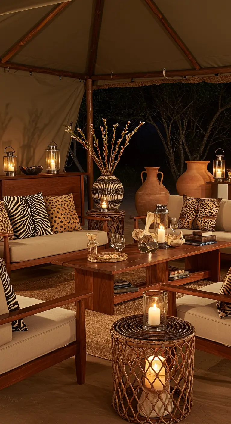 Safari lounge met houten meubels, dierenprint kussens, terracotta vazen en lantaarns 's nachts.