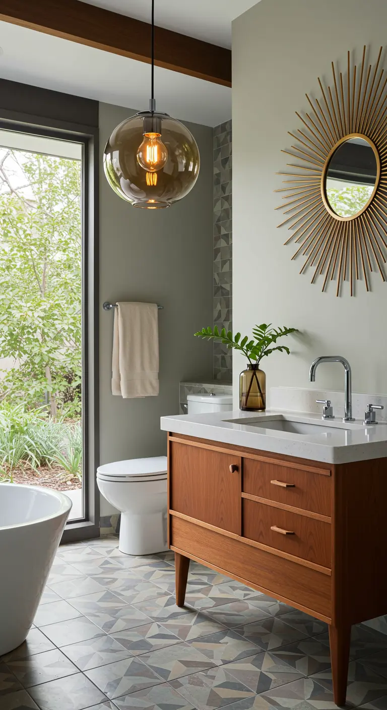 Badkamer met saliegroene muur, houten wastafelmeubel en een goudkleurige sunburst spiegel.