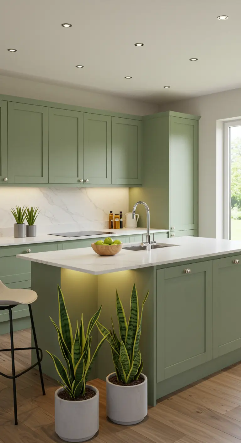 Saliegroene keuken met wit eiland, lichte houten vloer en Sansevieria planten.