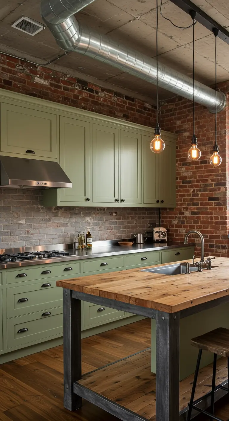 Saliegroene keuken met bakstenen muur en industrieel kookeiland.