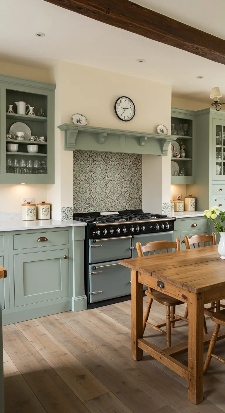 Landelijke keuken met saliegroene kasten en een open decoratieve constructie boven het fornuis.