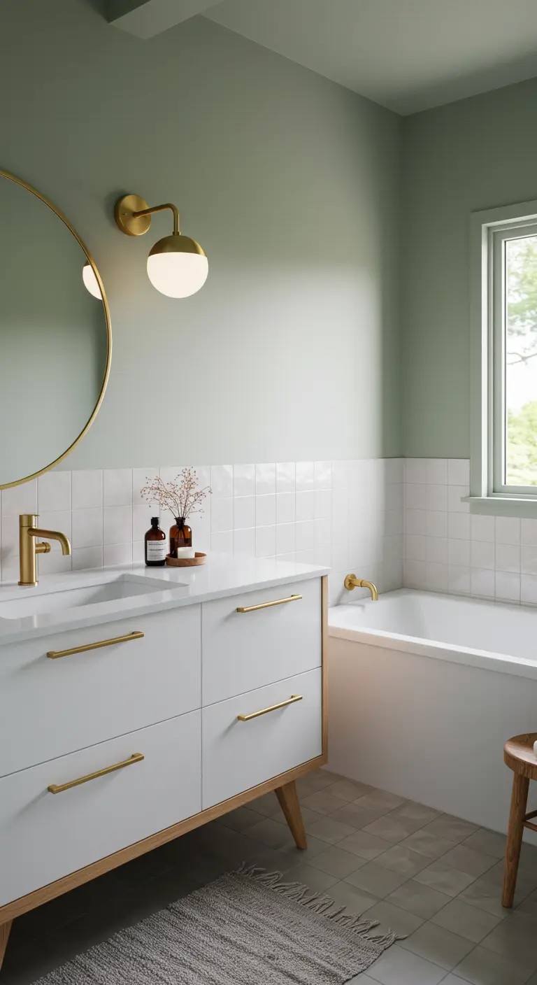 Badkamer met saliegroene muren en witte meubels met gouden details