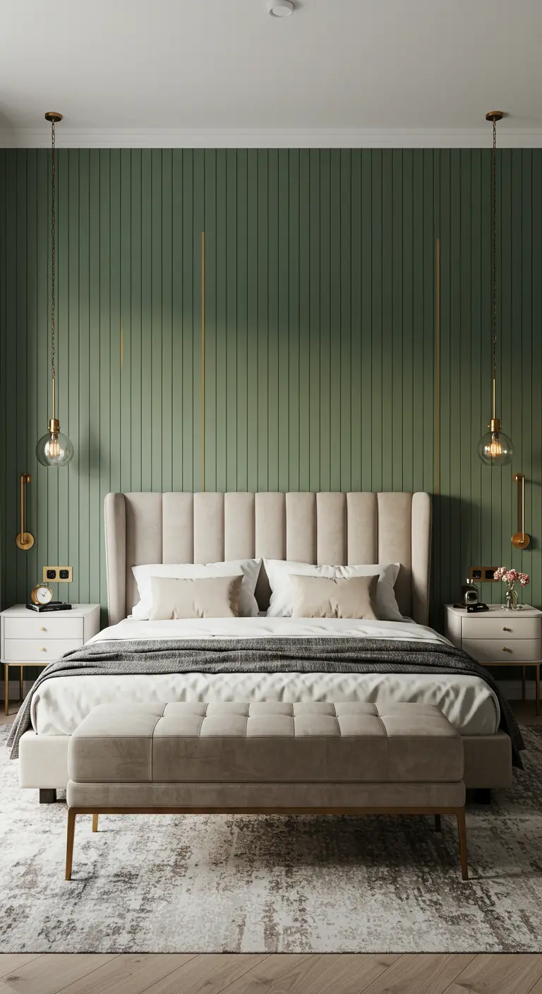 Saliegroene houten lattenwand met gouden hanglampen en details in een elegante slaapkamer.