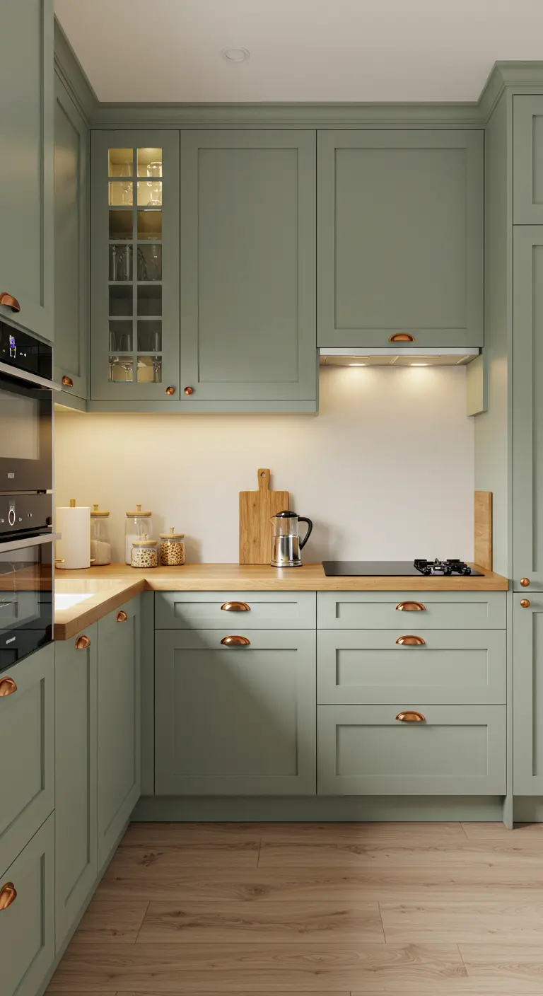 Saliegroene keuken met koperen grepen, houten werkblad en een elegante glazen hoekvitrinekast.