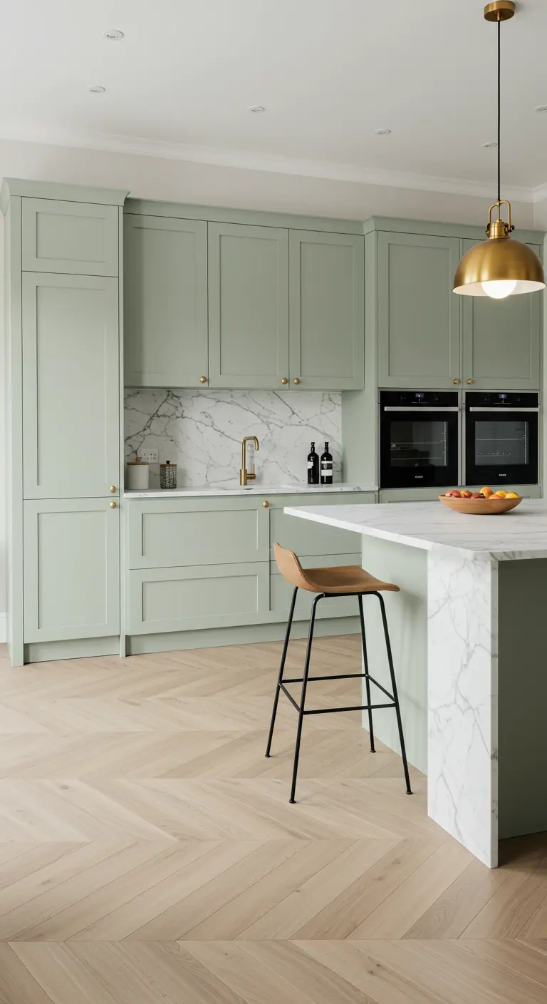 Saliegroene Scandinavische keuken met marmer en gouden accenten.