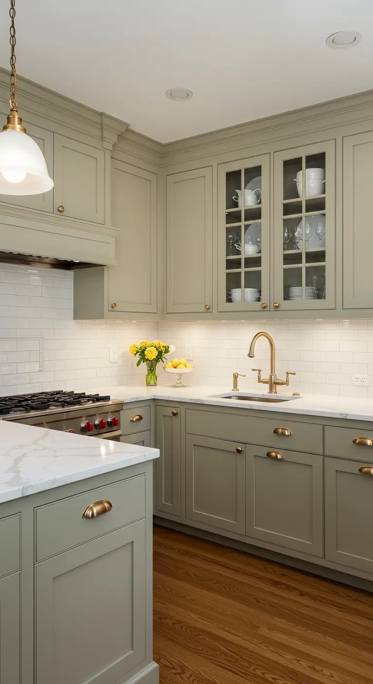 Elegante keuken met saliegroene kasten, witte metrotegels, marmeren blad en messing accenten.