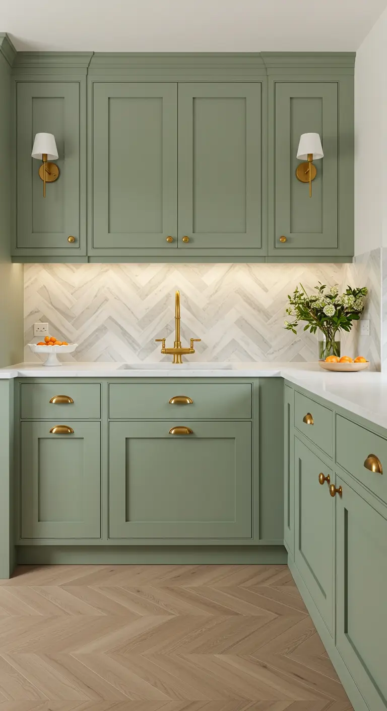 Saliegroene keuken met een wit marmeren achterwand in visgraatpatroon en gouden details.
