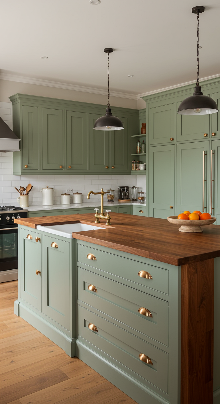 Saliegroene keuken met donker houten werkblad en messing details.