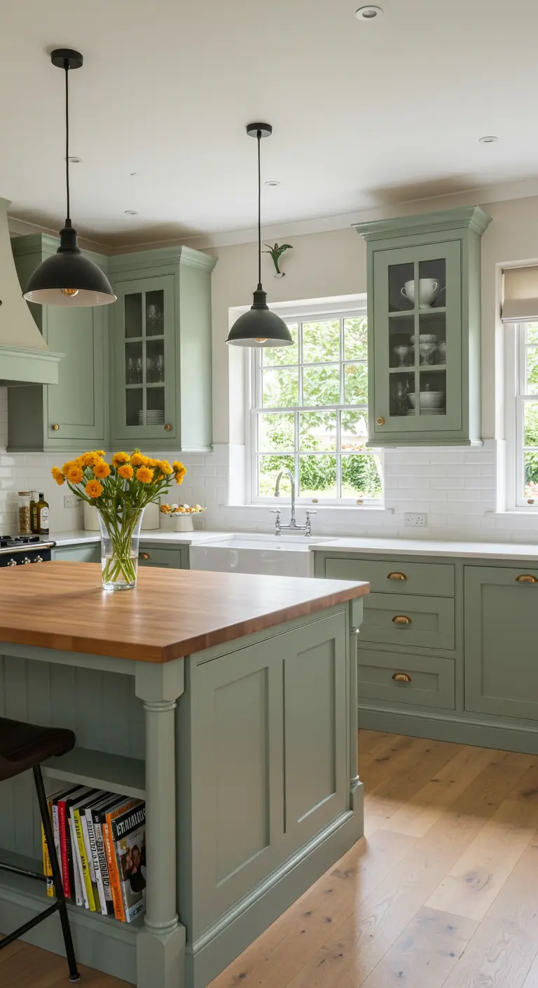 Saliegroene keuken met glazen kasten, houten eilandblad en zwarte hanglampen.