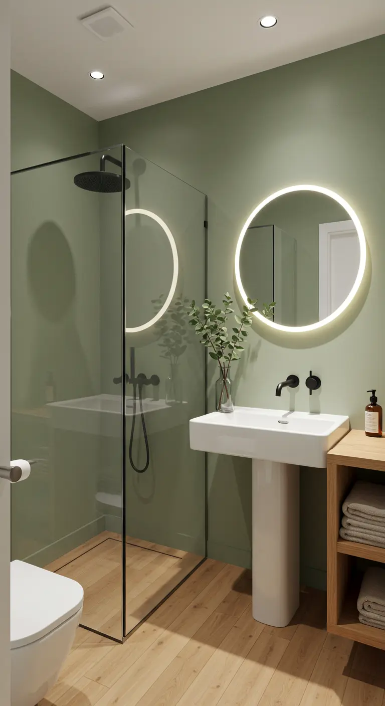 Moderne badkamer met saliegroene muren, houten vloer en ronde LED-spiegel.
