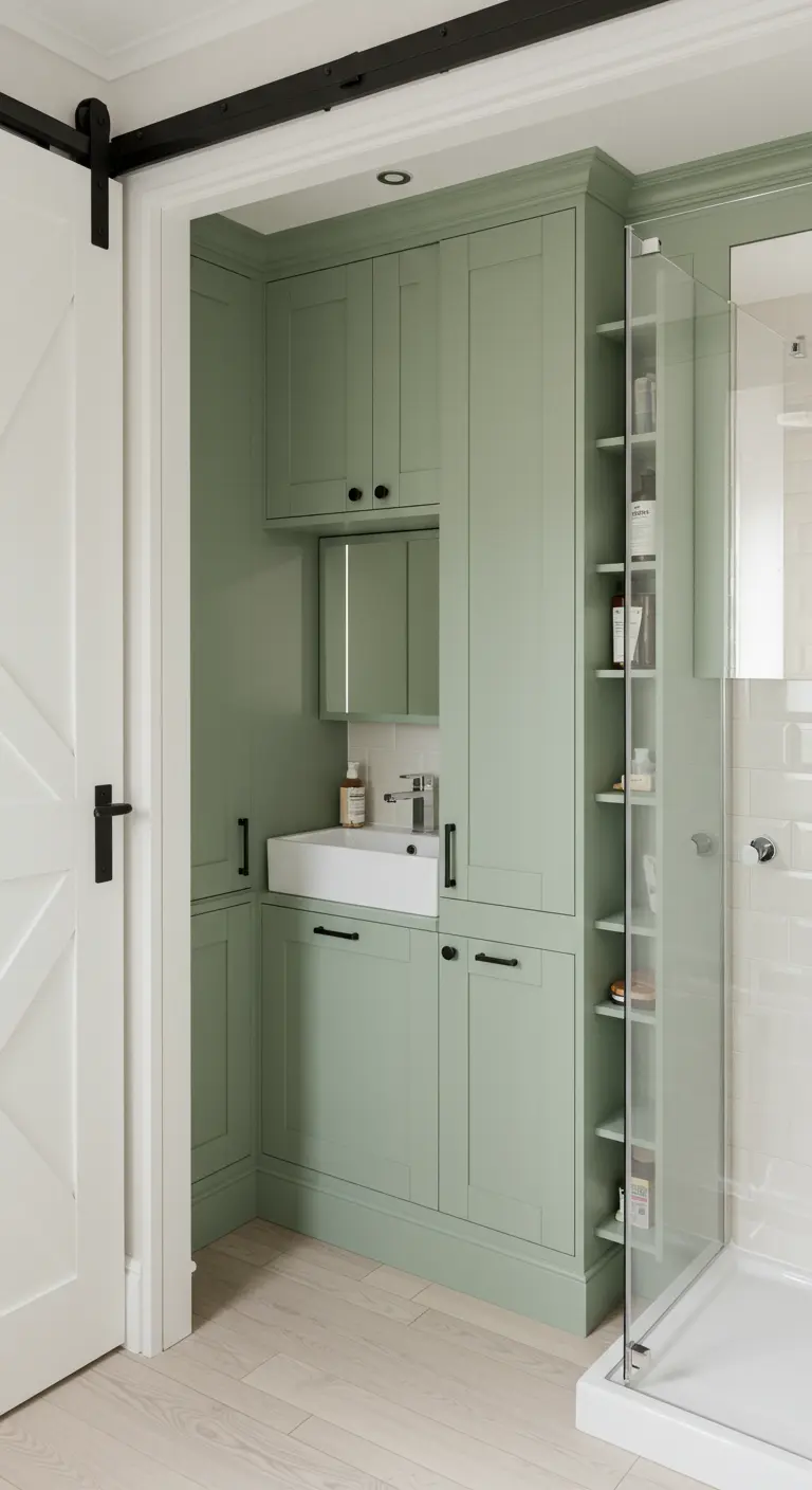 Compacte badkamer met saliegroene kasten tot aan het plafond en zwarte details.