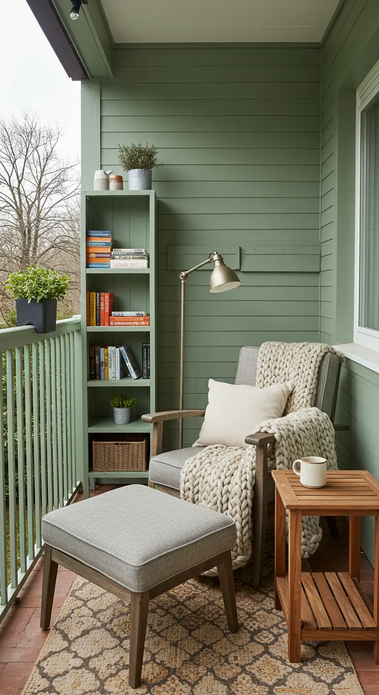 Balkon met saliegroene muren, comfortabele stoel met plaid, boekenkastje en planten.