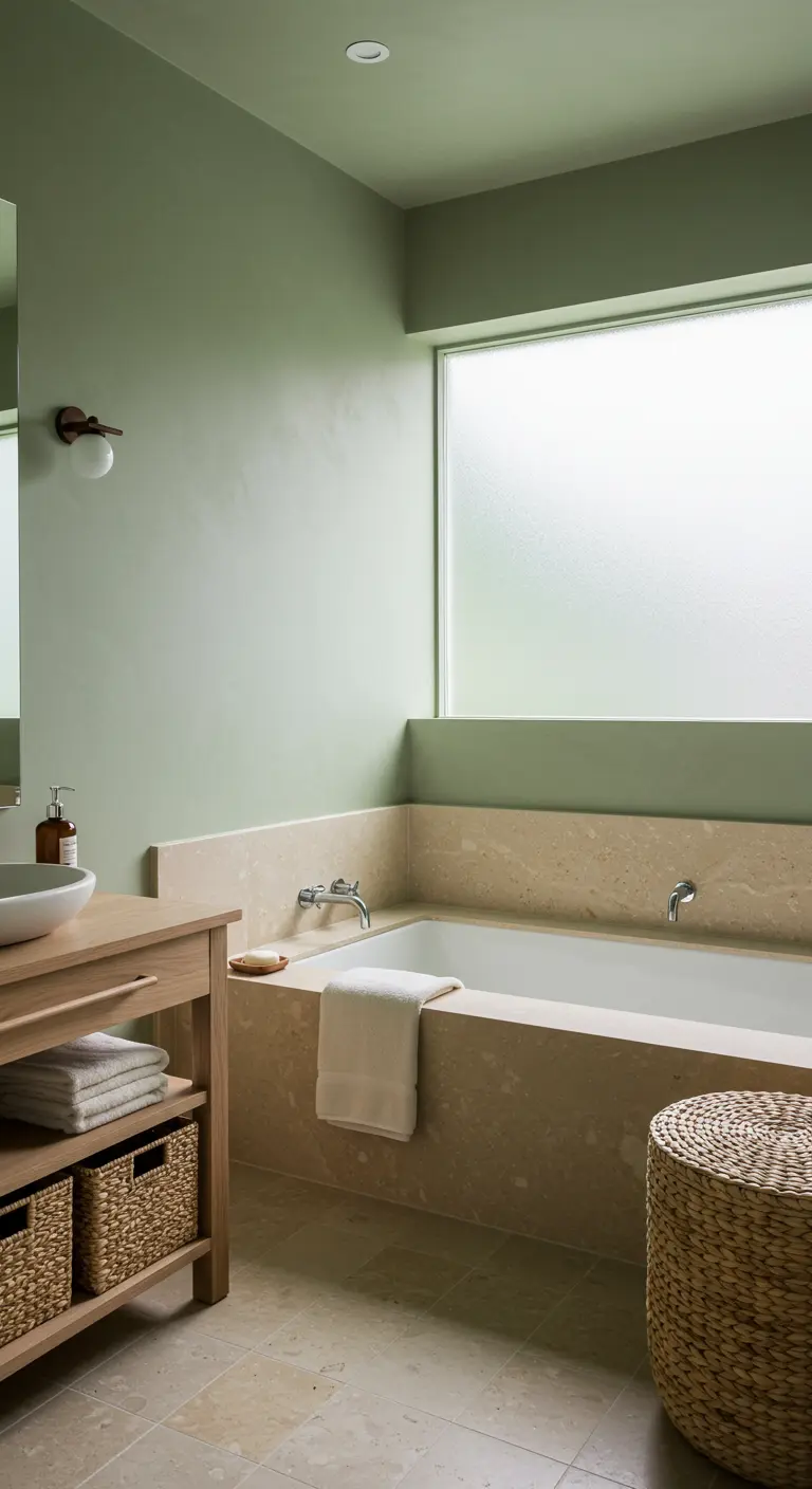Lichte badkamer met saliegroene muren, travertin badombouw en houten meubel.