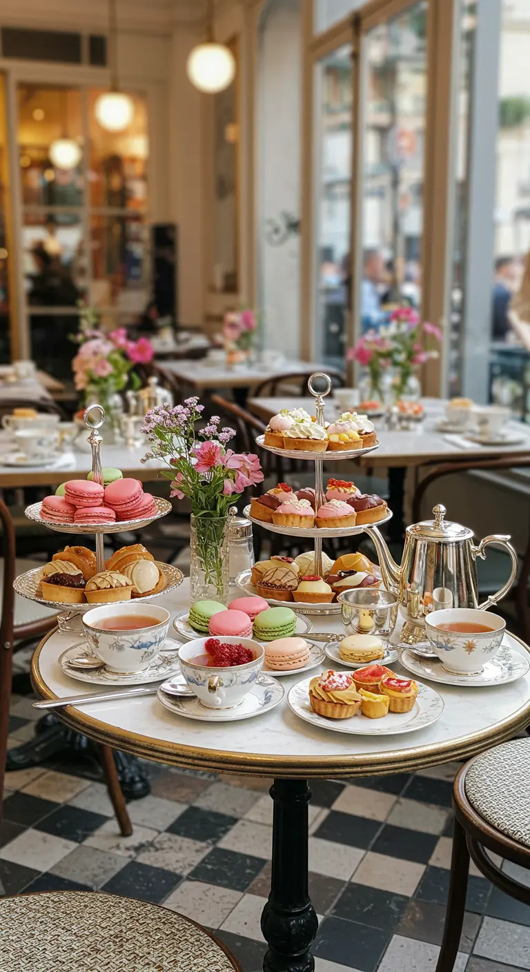 Elegante high tea opstelling met etagères vol gebak op een marmeren tafel.