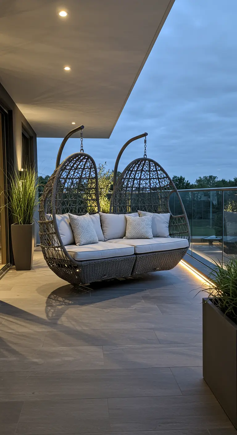 Dubbele rotan eivormige hangstoel op modern balkon met sfeerverlichting.