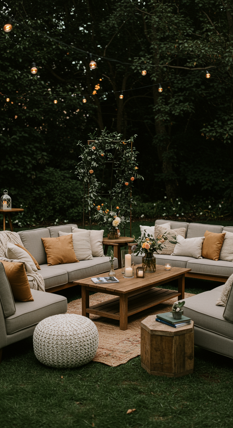 Ronde loungeopstelling in tuin met vuurtafel en sfeerverlichting.