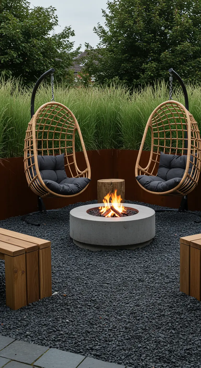 Twee rotan hangstoelen rond een vuurkorf in een moderne tuin.