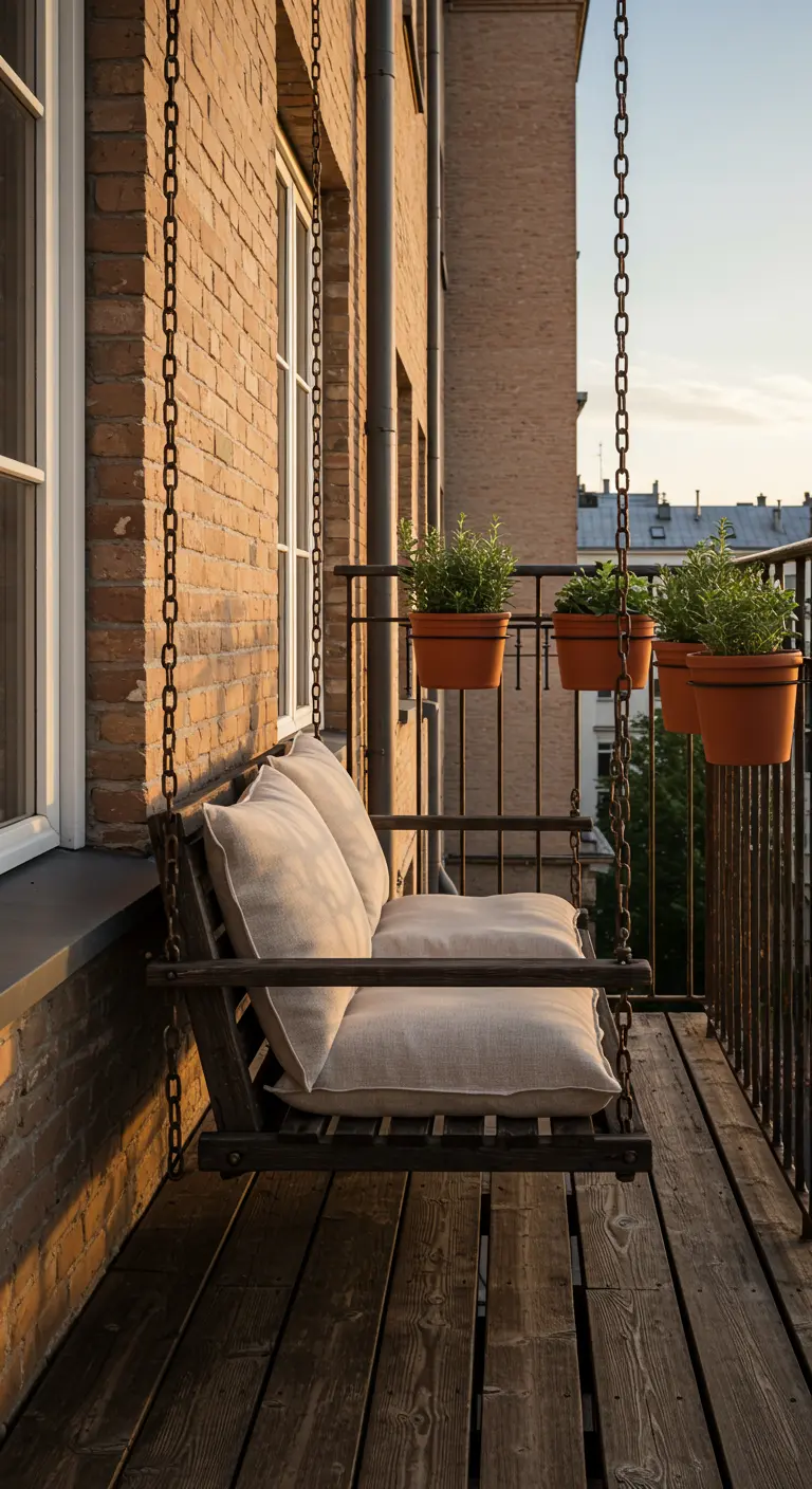 Houten schommelbankje met beige kussens, hangend aan kettingen op een smal balkon.