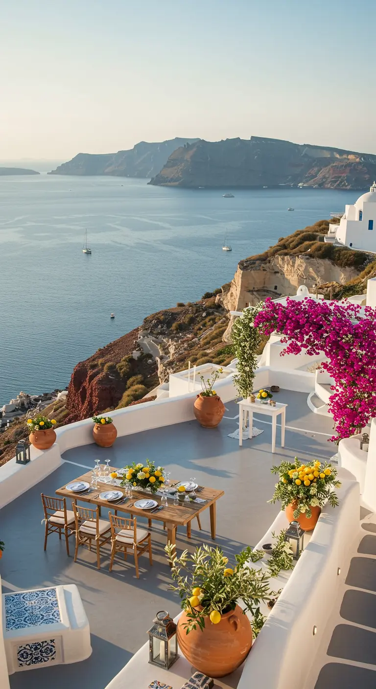 Bruiloftstafel op wit terras met uitzicht op zee, bougainville en citroenen.