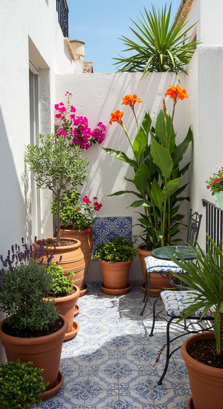 Patio met witte muren, blauw-witte tegelvloer, bougainvillea, Canna planten en terracotta potten.