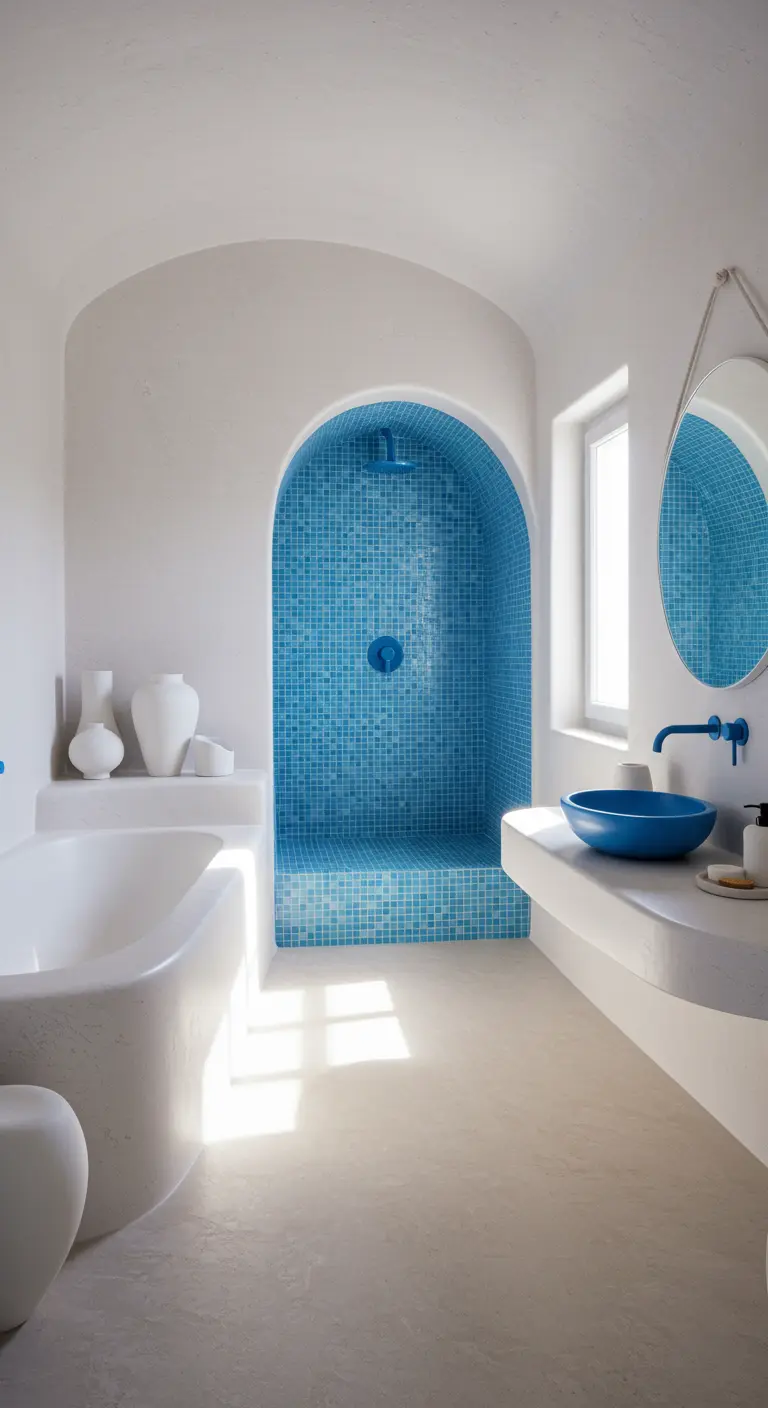 Witte badkamer in Santorini-stijl met azuurblauwe mozaïekdouche en ronde vormen.
