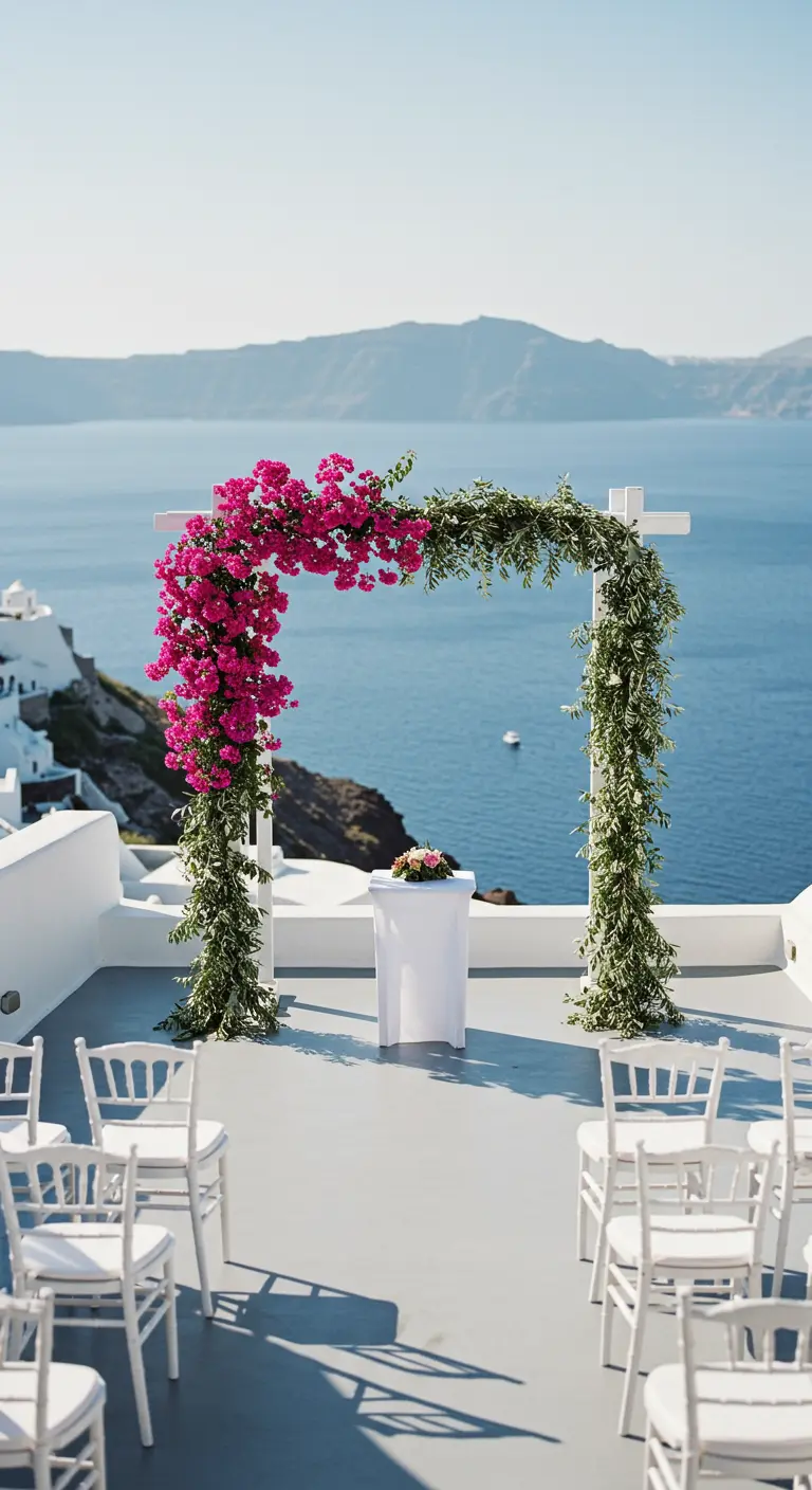 Witte trouwboog met roze bougainville, uitzicht op zee en witte gebouwen (Santorini-stijl).