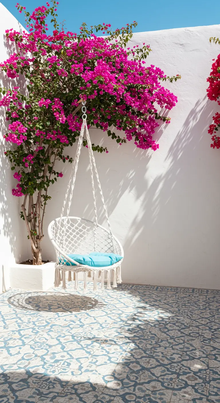 Witte macramé hangstoel met blauw kussen voor witte muur met bougainville.