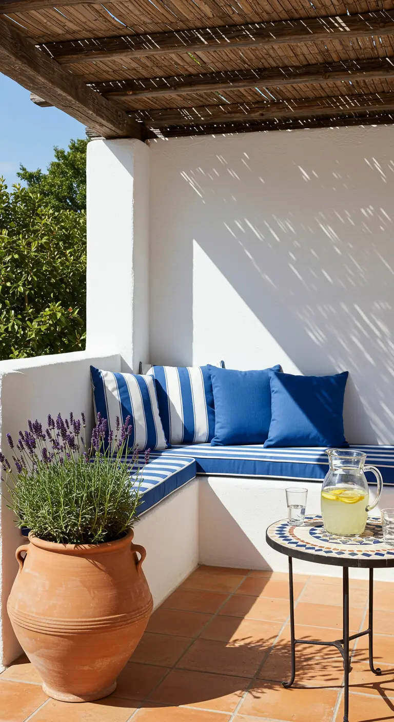 Witte ingebouwde hoekbank met blauw-witte kussens en lavendel in terracotta pot.