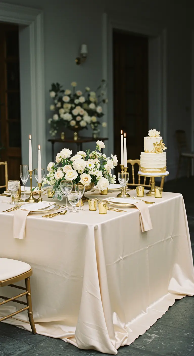 Elegant gedekte tafel met crèmekleurig satijnen tafelkleed, witte bloemen en gouden accenten.