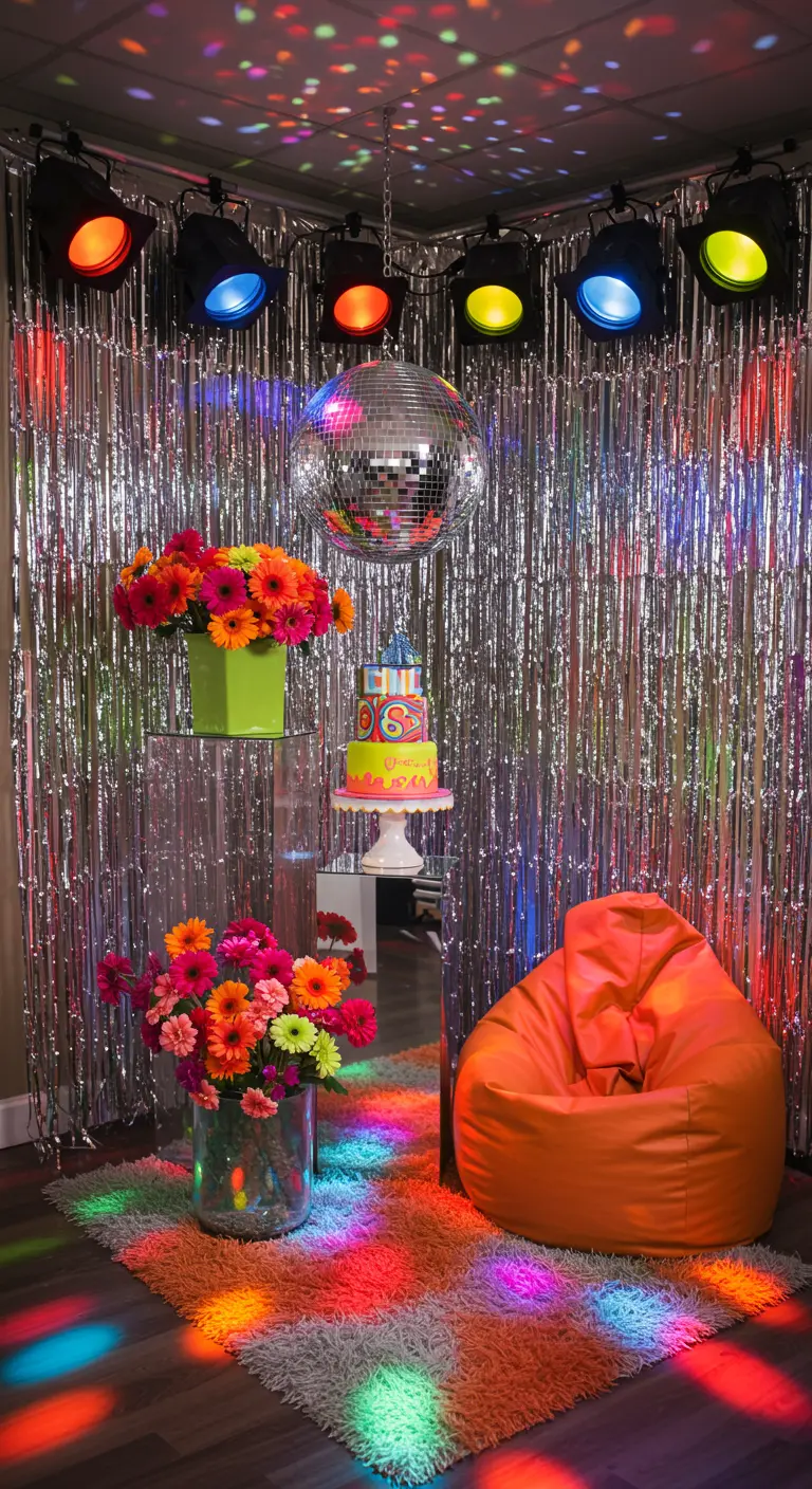 Disco thema verjaardagshoek met zilveren lametta, discobal, gekleurde spots en bloemen.