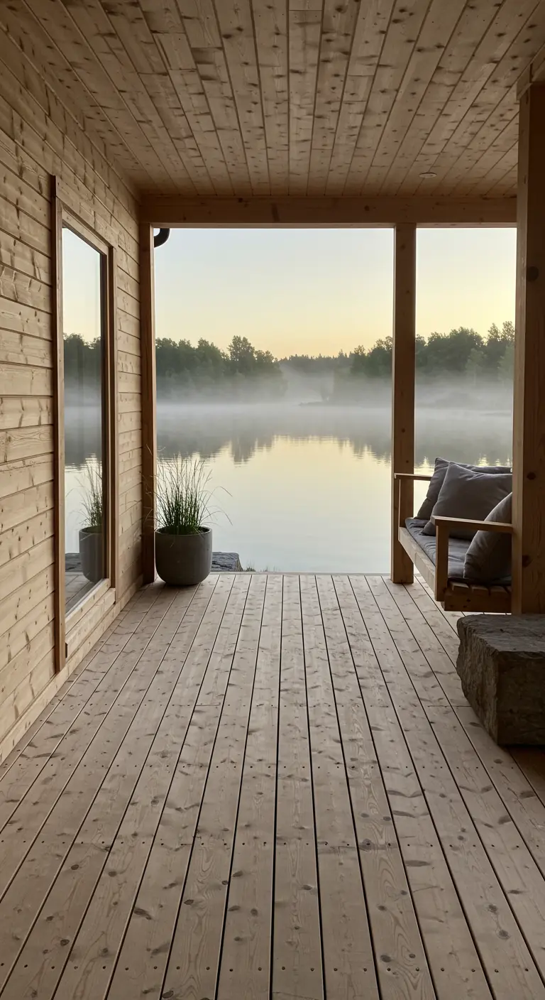 Houten schommelbank met grijze kussens aan een houten veranda met uitzicht op een mistig meer.
