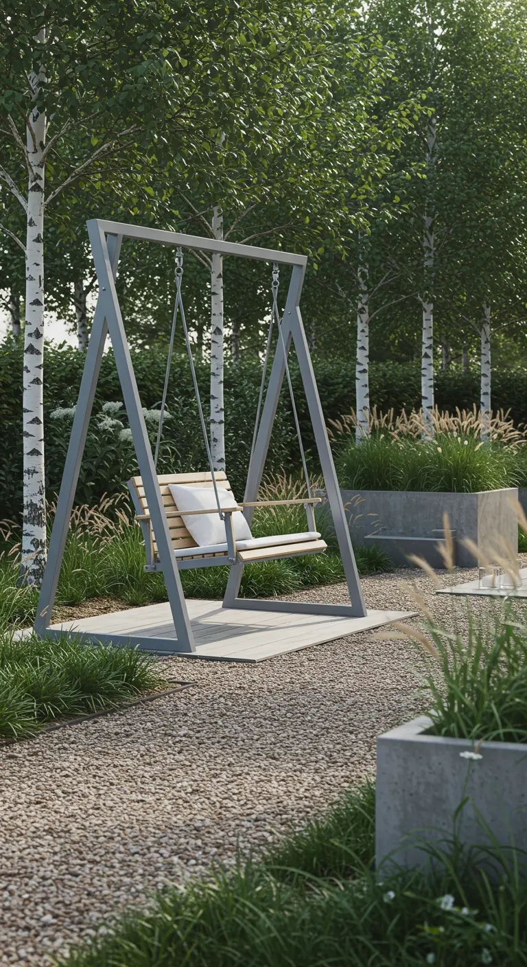 Grijs metalen schommelbank met houten zitting op een grindpad omringd door berkenbomen.