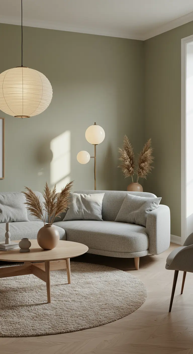 Scandinavische woonkamer met saliegroene muur, ronde salontafel en papieren lamp.