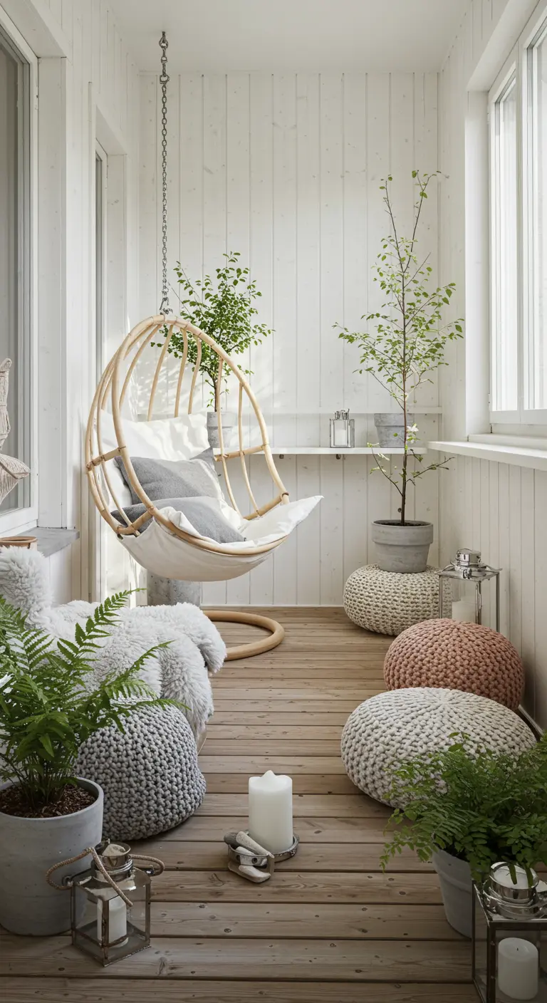 Lichte rotan hangstoel op Scandinavisch balkon met gebreide poefs.