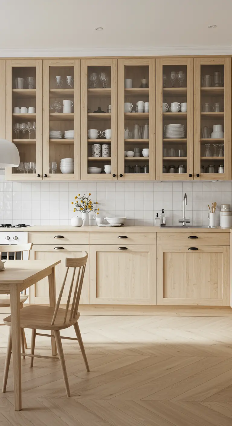 Lichte houten keuken met glazen bovenkasten en wit servies, Scandinavische stijl.