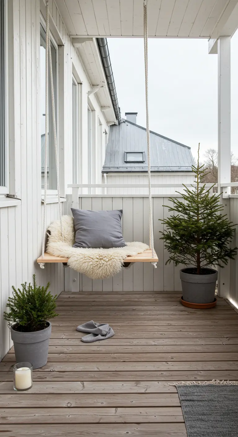 Eenvoudige houten plankenschommel met schapenvacht op een wit balkon.