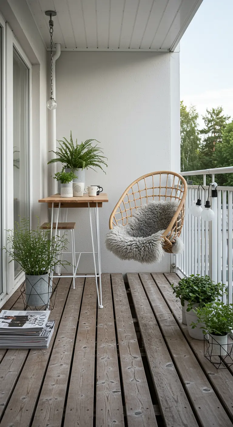 Scandinavisch balkon met compacte bartafel, rotan hangstoel en houten vloerdelen.
