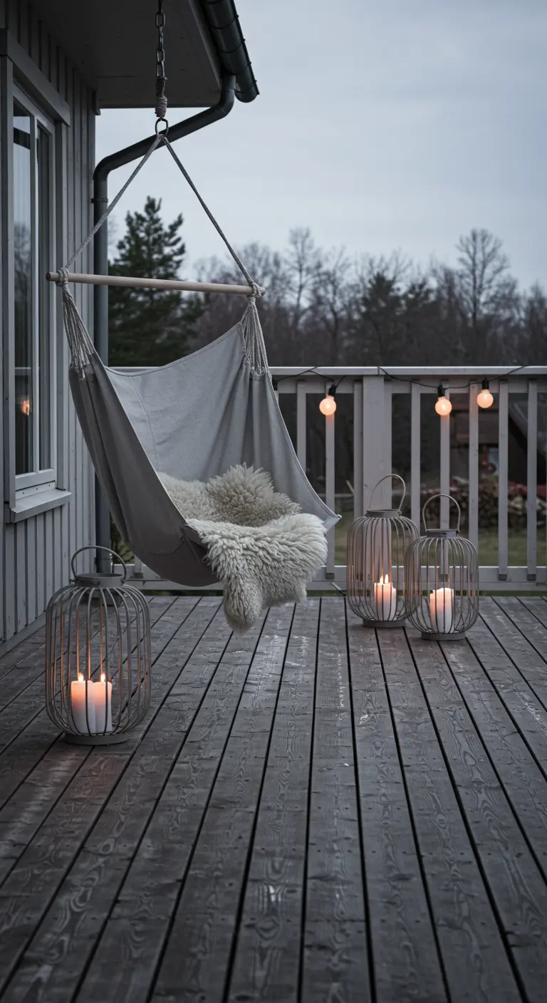 Grijze stoffen hangstoel op houten terras met lantaarns en schapenvachtje.
