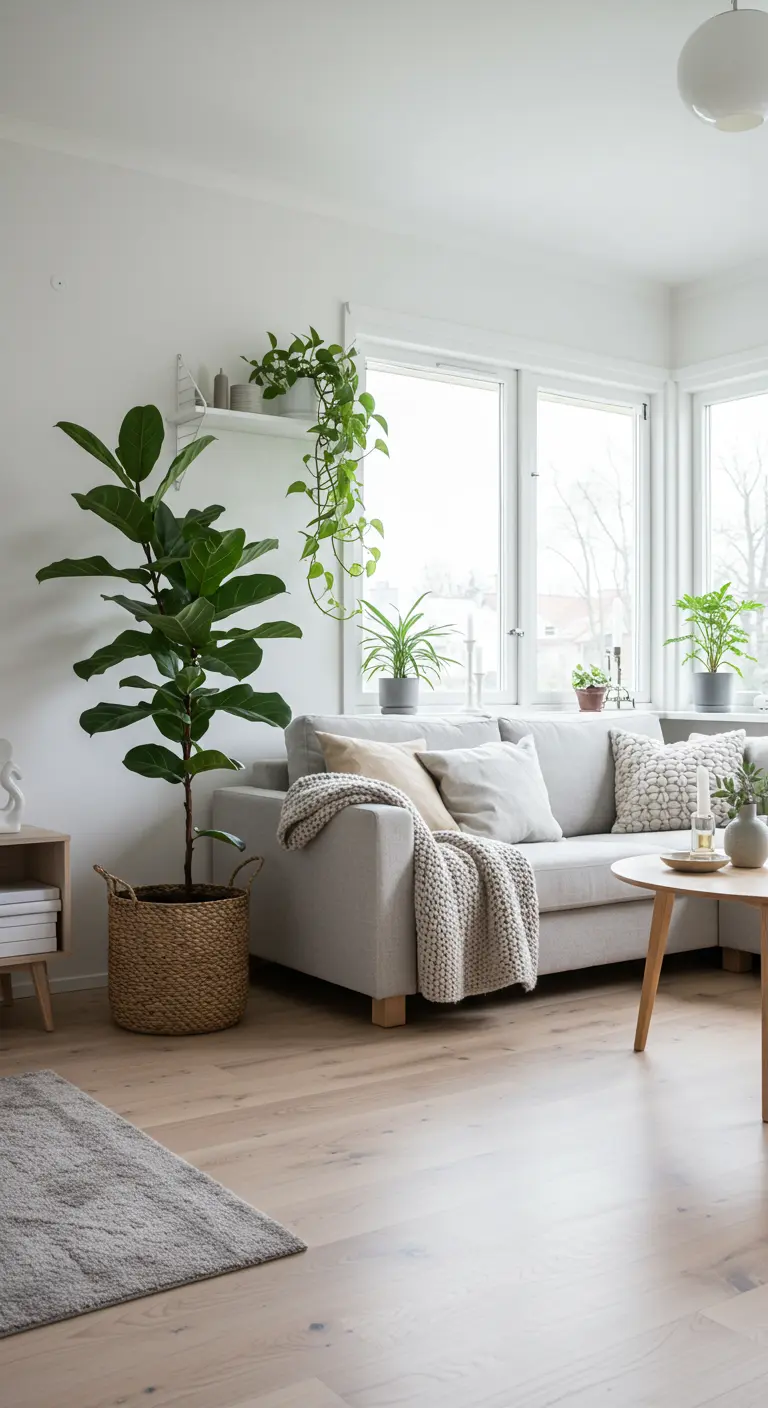 Lichte Scandinavische woonkamer met grote Ficus Lyrata in een rieten mand.