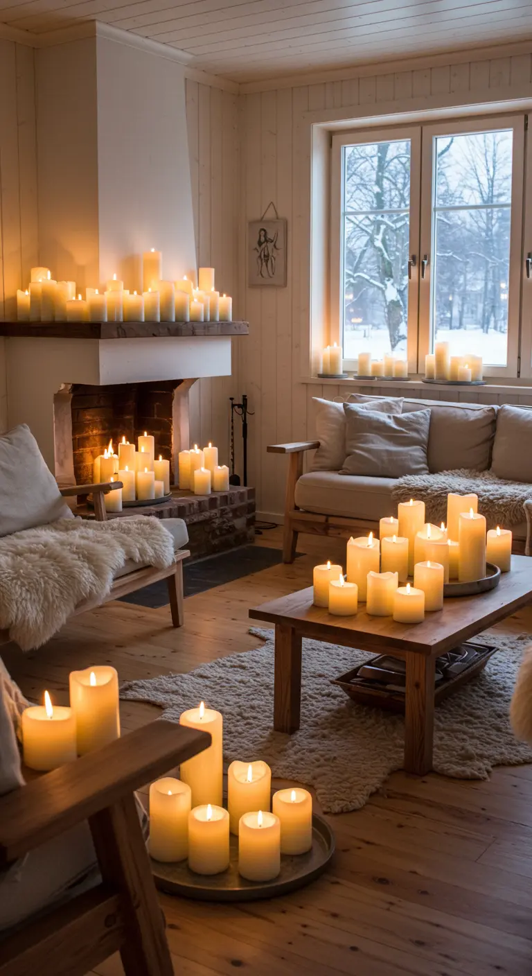 Scandinavische woonkamer met open haard en vele witte kaarsen.