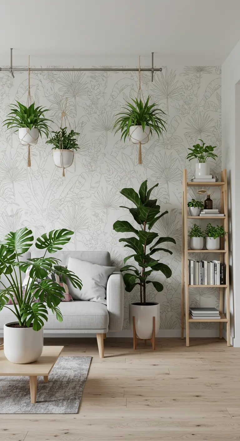 Lichte Scandi-woonkamer met grijze bank, subtiel botanisch behang en minimalistische planten.