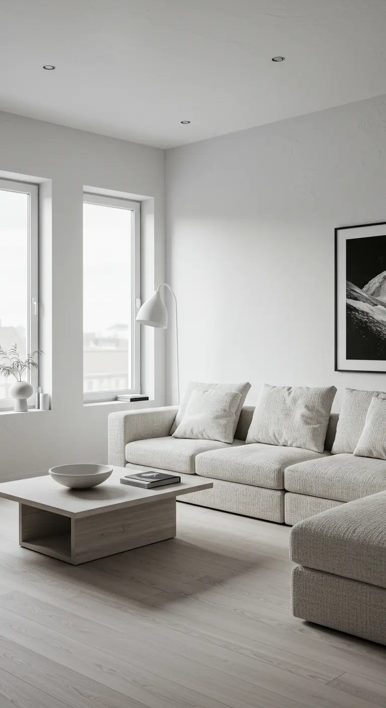Minimalistische witte woonkamer met lichtgrijze modulaire bank en modern zwart-wit kunstwerk.