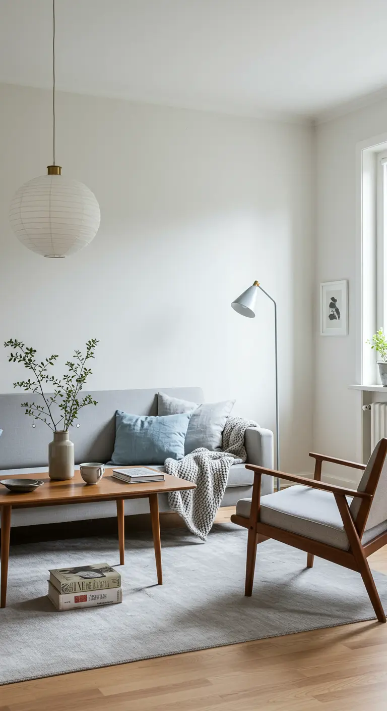 Lichte Scandinavische woonkamer met witte muren, houten meubels en papieren hanglamp.
