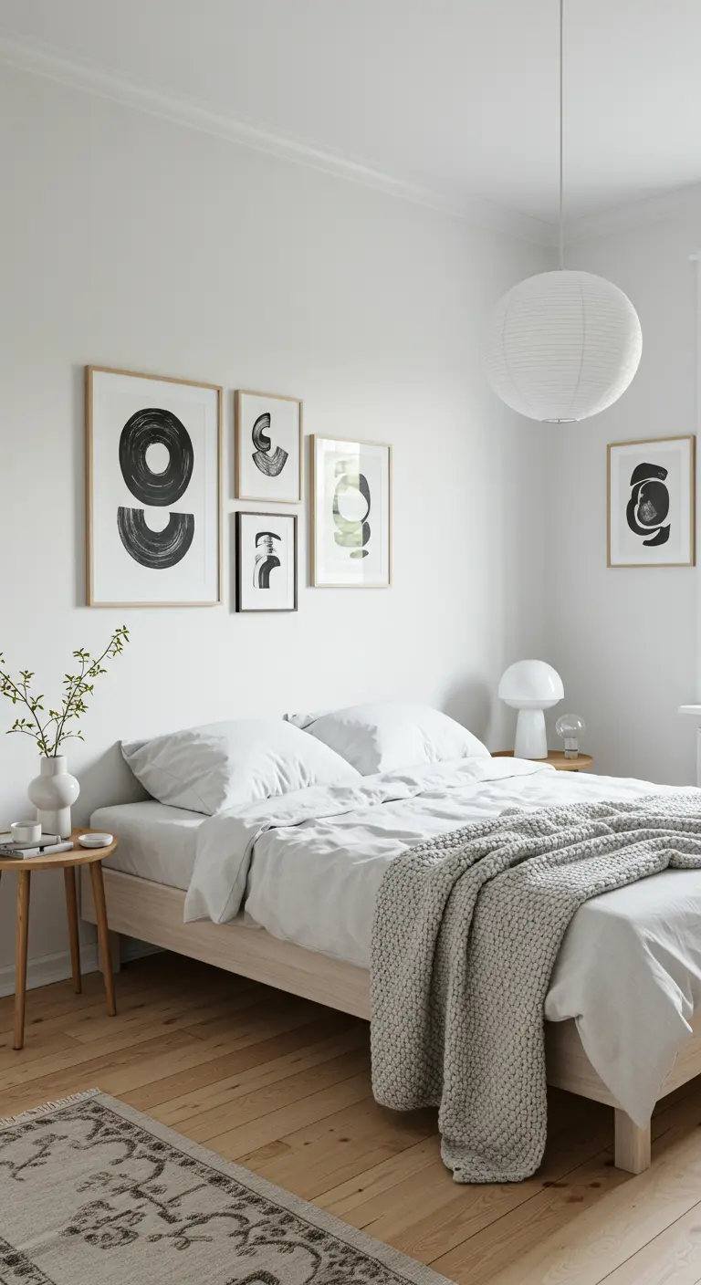 Lichte Scandinavische slaapkamer met abstracte cirkelkunst en papieren hanglamp.